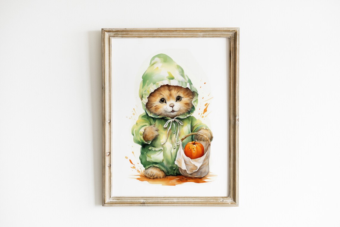 Kitten In A Green Raincoat With Pumpkin Trick Or Treat Poster