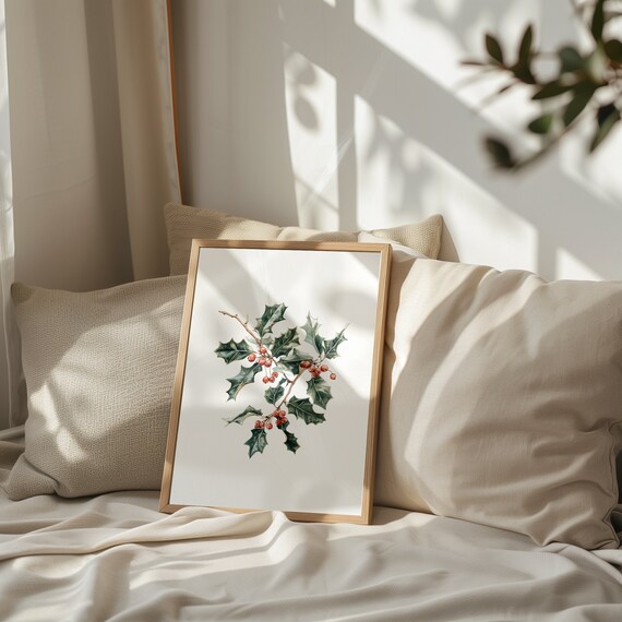 Watercolor Holly Branch With Red Berries Christmas Botanical Poster