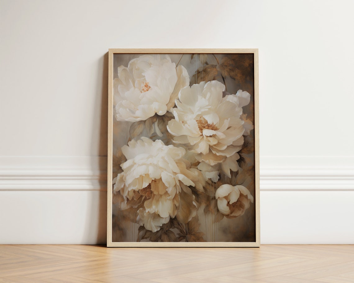 Cream White Peonies Vintage Style Floral Botanical Art Poster