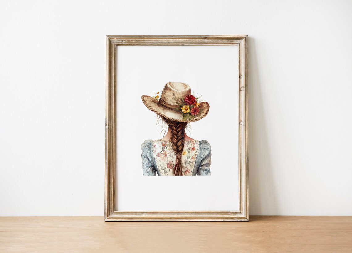 Country Girl Braided Hair Floral Straw Hat Watercolor Art Print