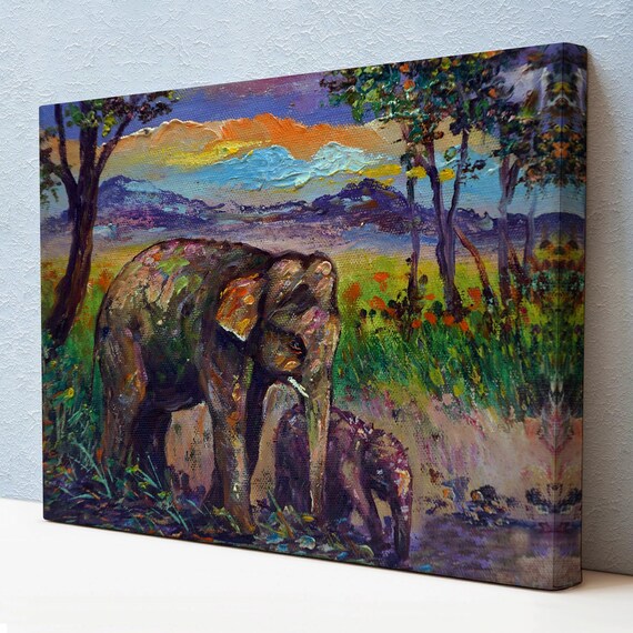 Mother and Baby Elephant Forest Impressionist Wildlife Art Poster