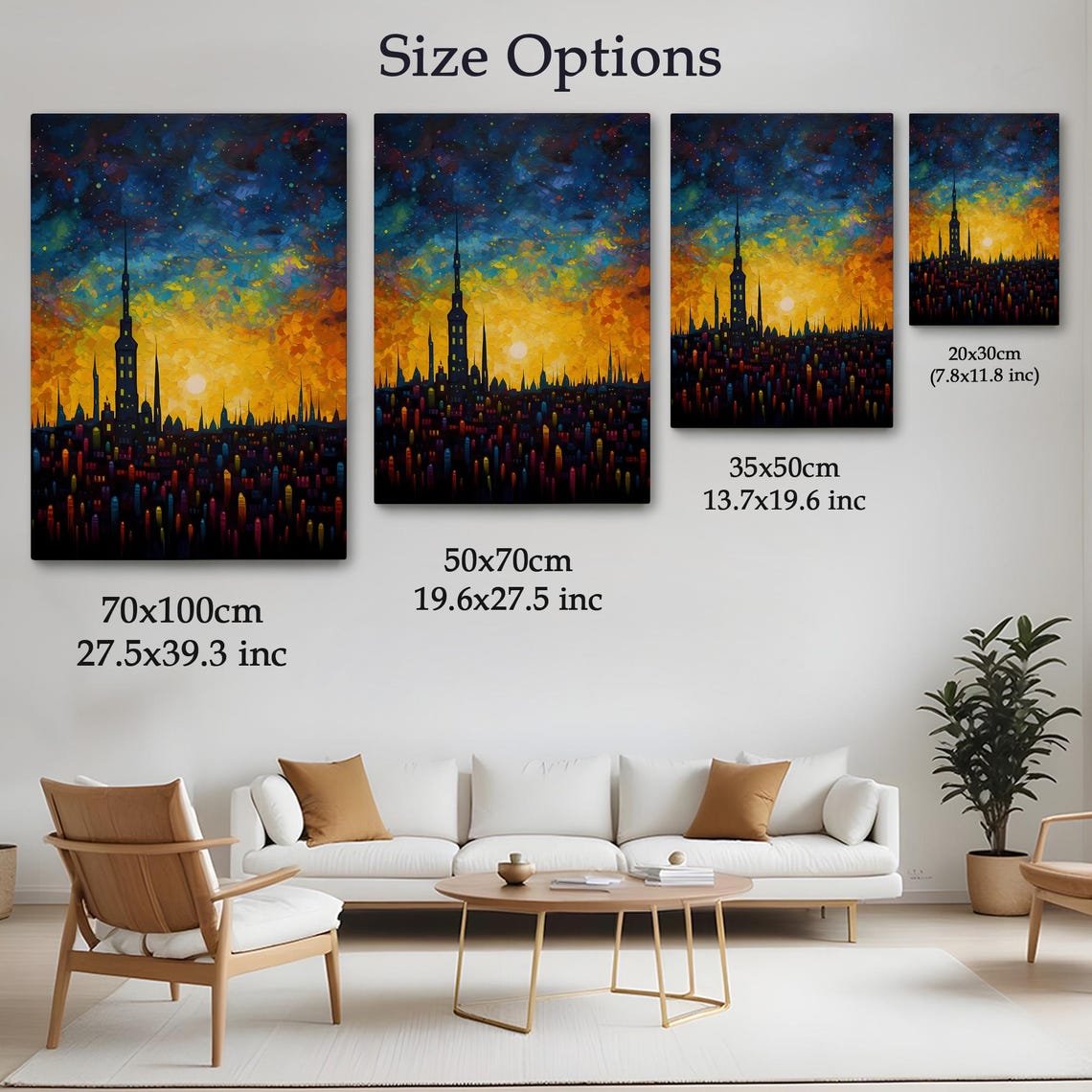 Starry Night City Skyline Silhouette Golden Sky Fantasy Wall Art - Image 4