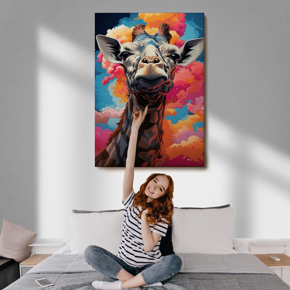Colorful Giraffe Face Pop Art Sunset Clouds Fun Animal Poster - Image 3