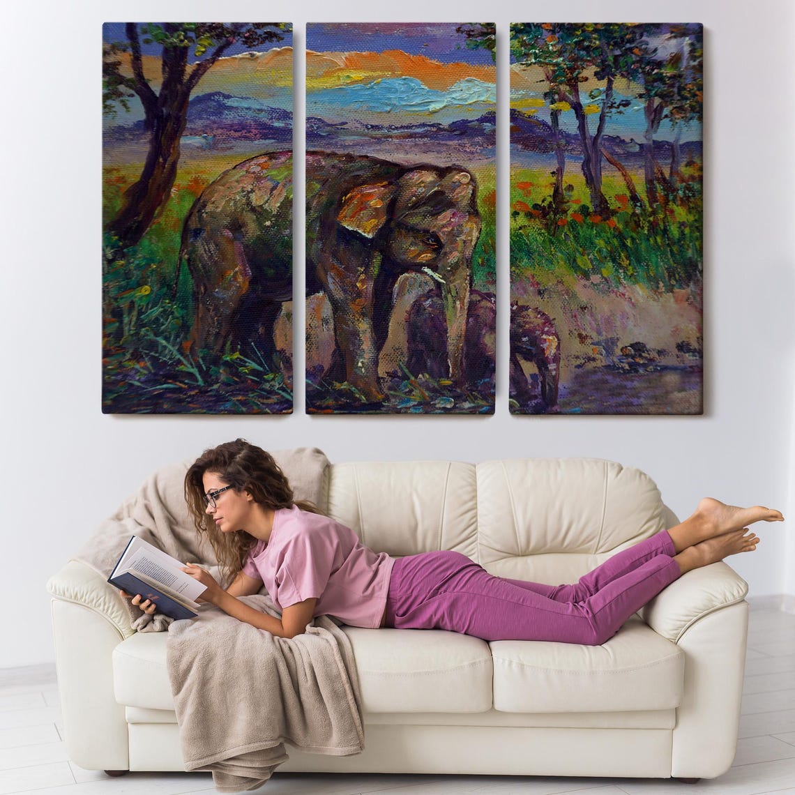 Mother and Baby Elephant Forest Impressionist Wildlife Art Poster - Image 3