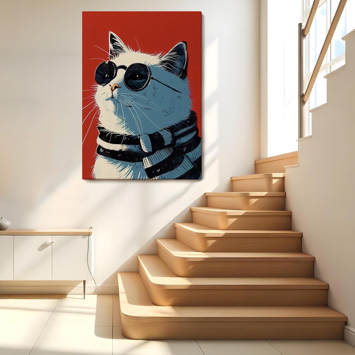 Cool Cat Wearing Sunglasses And Striped Scarf On Bold Red Canvas Poster - Image 2
