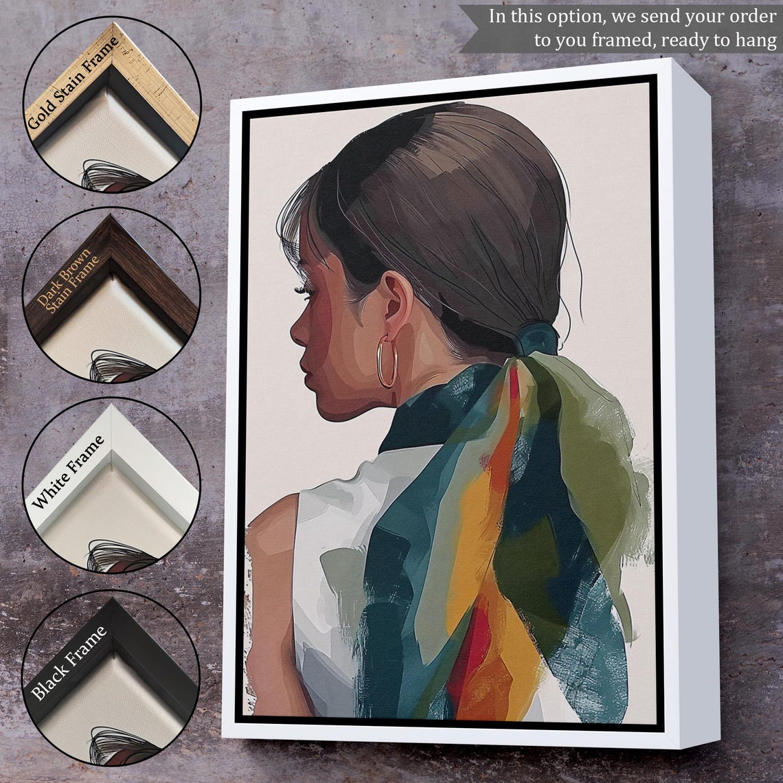 Elegant Woman Profile Colorful Scarf Hoop Earring Painterly Art Poster - Image 3