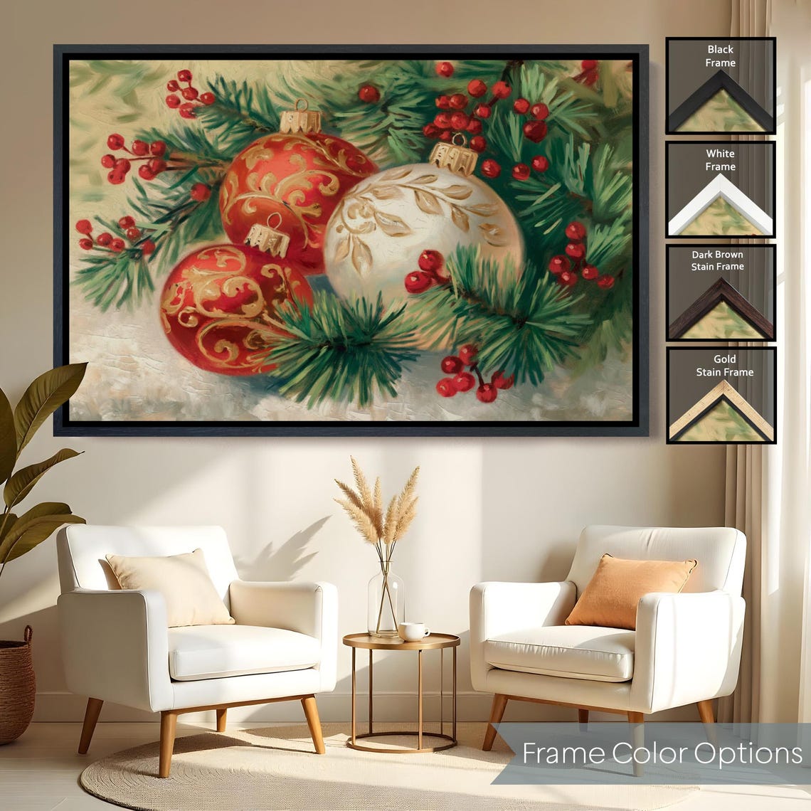 Red Gold Christmas Baubles Pine Branches Berries Ornate Holiday Poster - Image 2