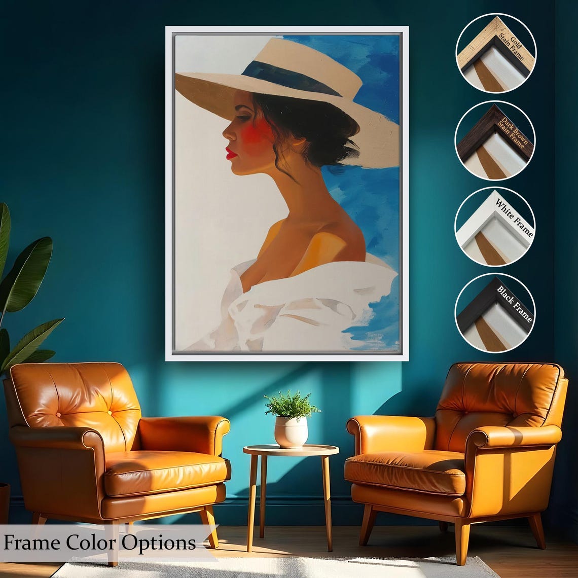 Retro Woman Wide Brim Straw Hat Blue Sky Vintage Summer Style Poster - Image 2