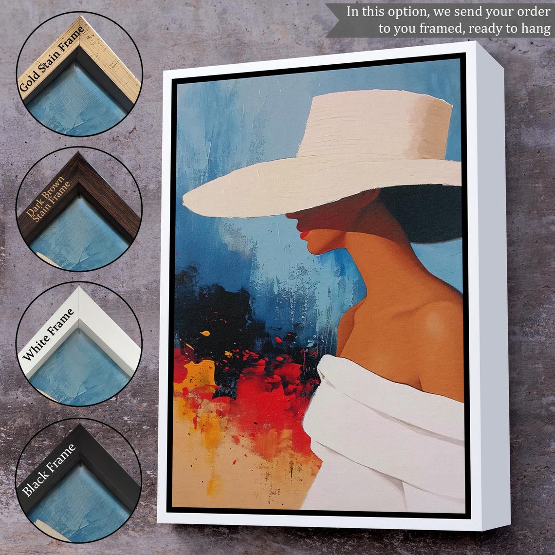 Abstract Woman White Sun Hat Blue Modern Portrait Fashion Wall Art - Image 3