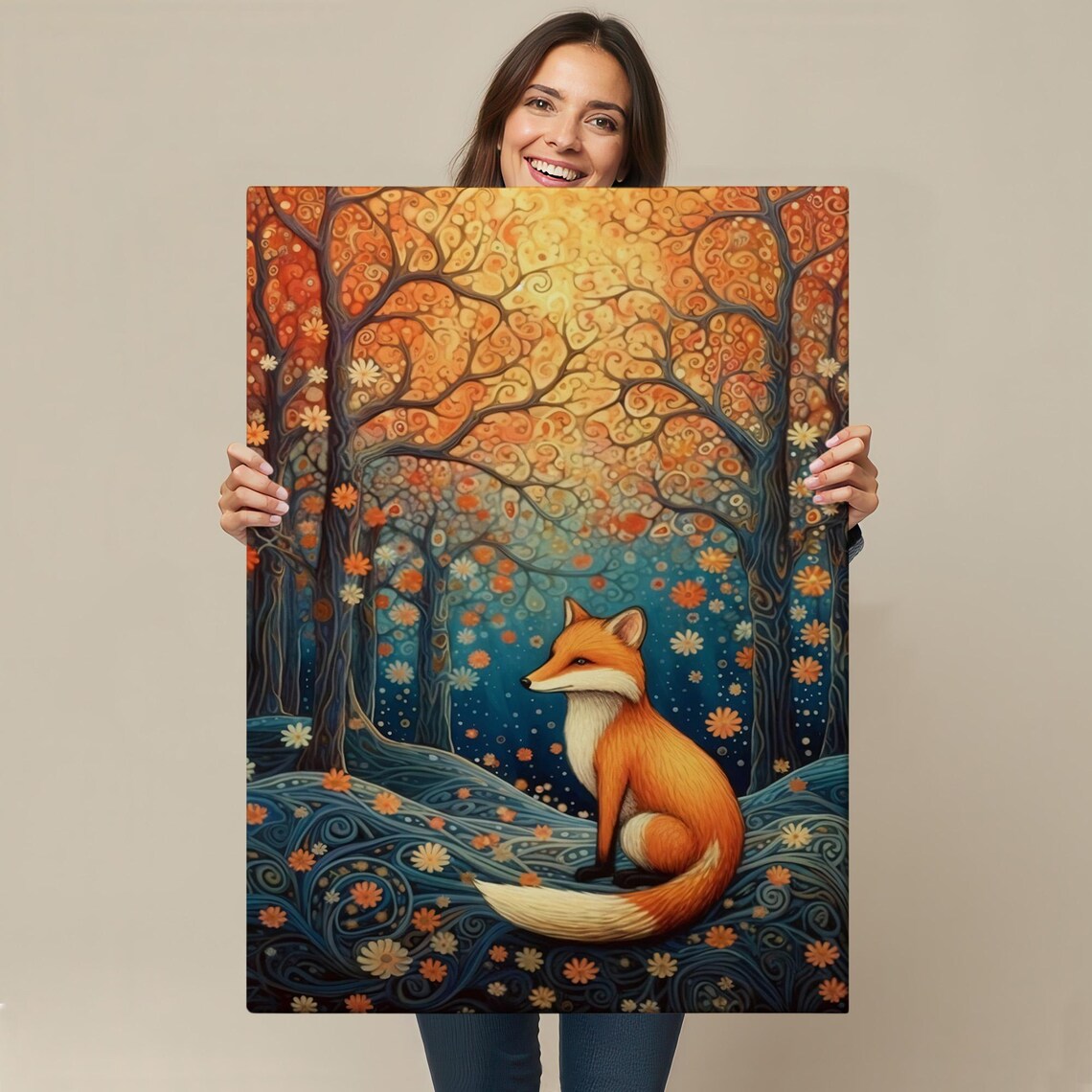 Red Fox Sitting In A Stylized Autumn Forest Teal And Orange Wall Poster - Image 4