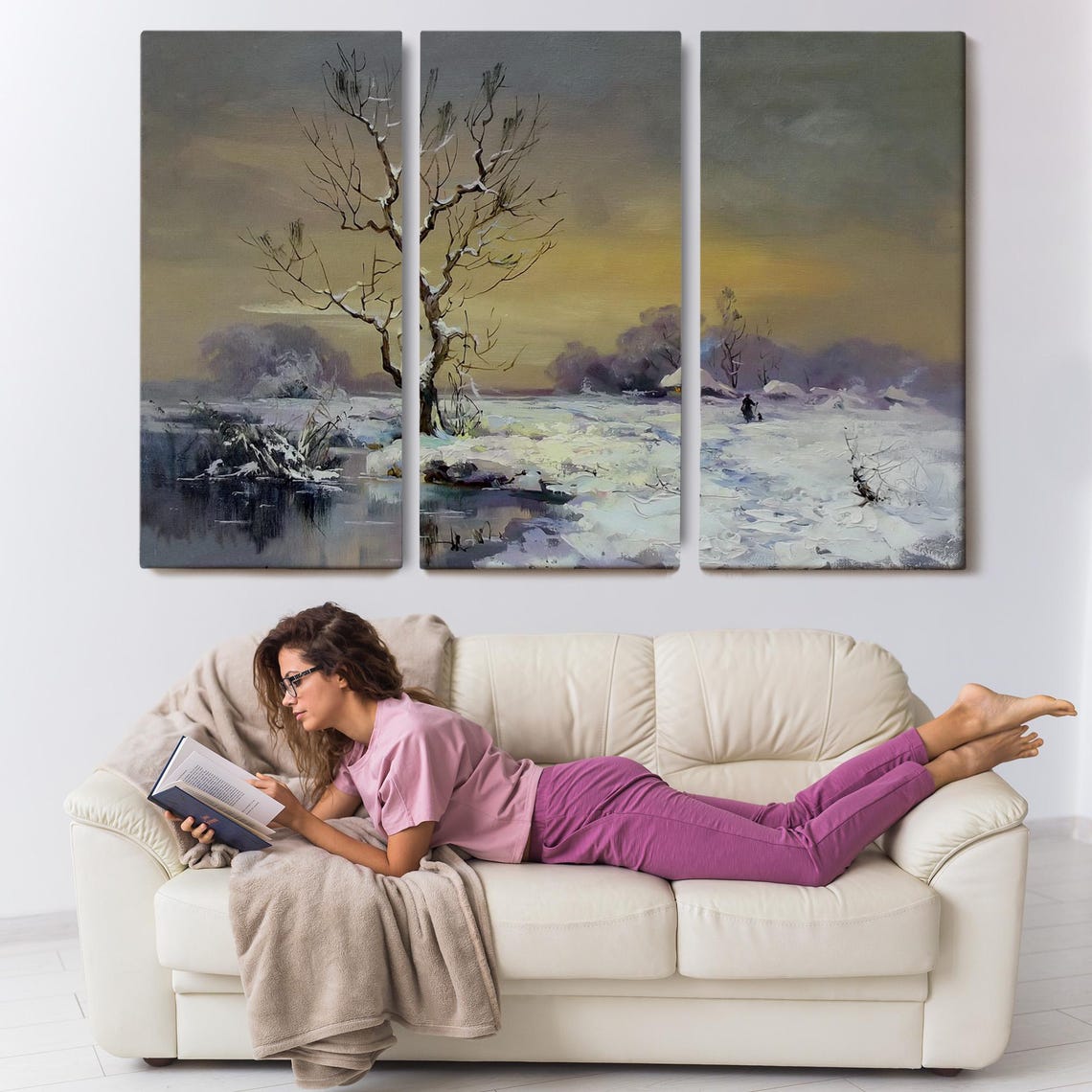 Snow Covered Village Winter Landscape Lone Tree Traveler Dusk Poster - Image 3
