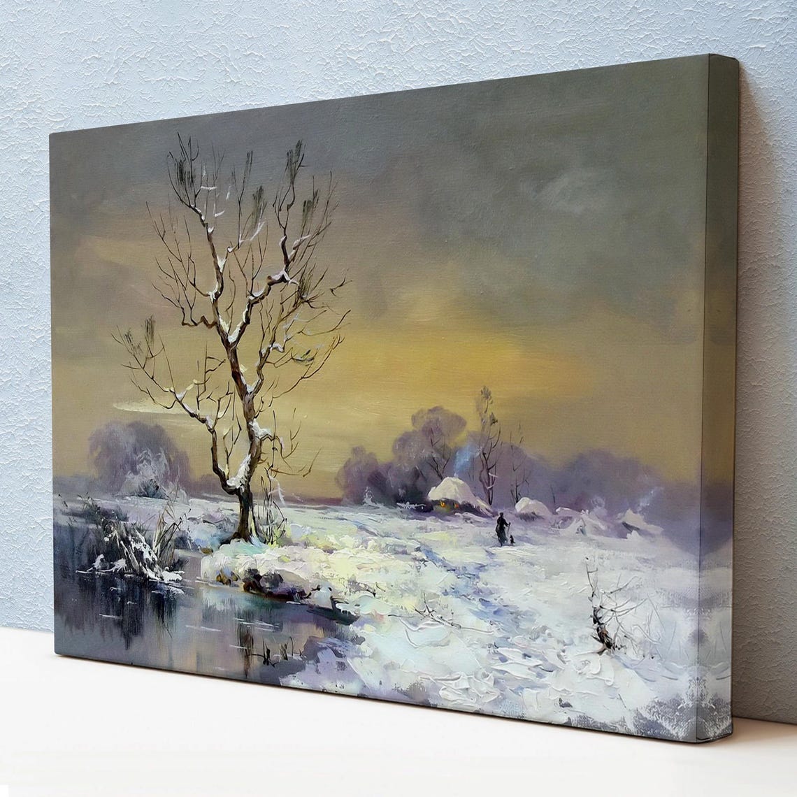Snow Covered Village Winter Landscape Lone Tree Traveler Dusk Poster