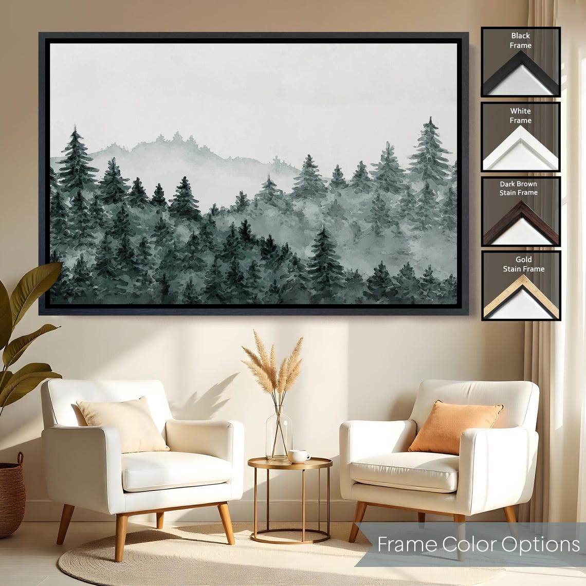Misty Pine Forest Foggy Mountain Peaks Soft Gray Watercolor Wall Art - Image 2