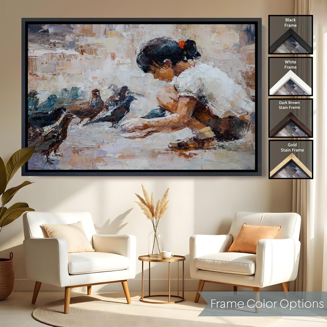 Little Girl Feeding Pigeons Impressionist Oil Painting Art Poster - Image 2