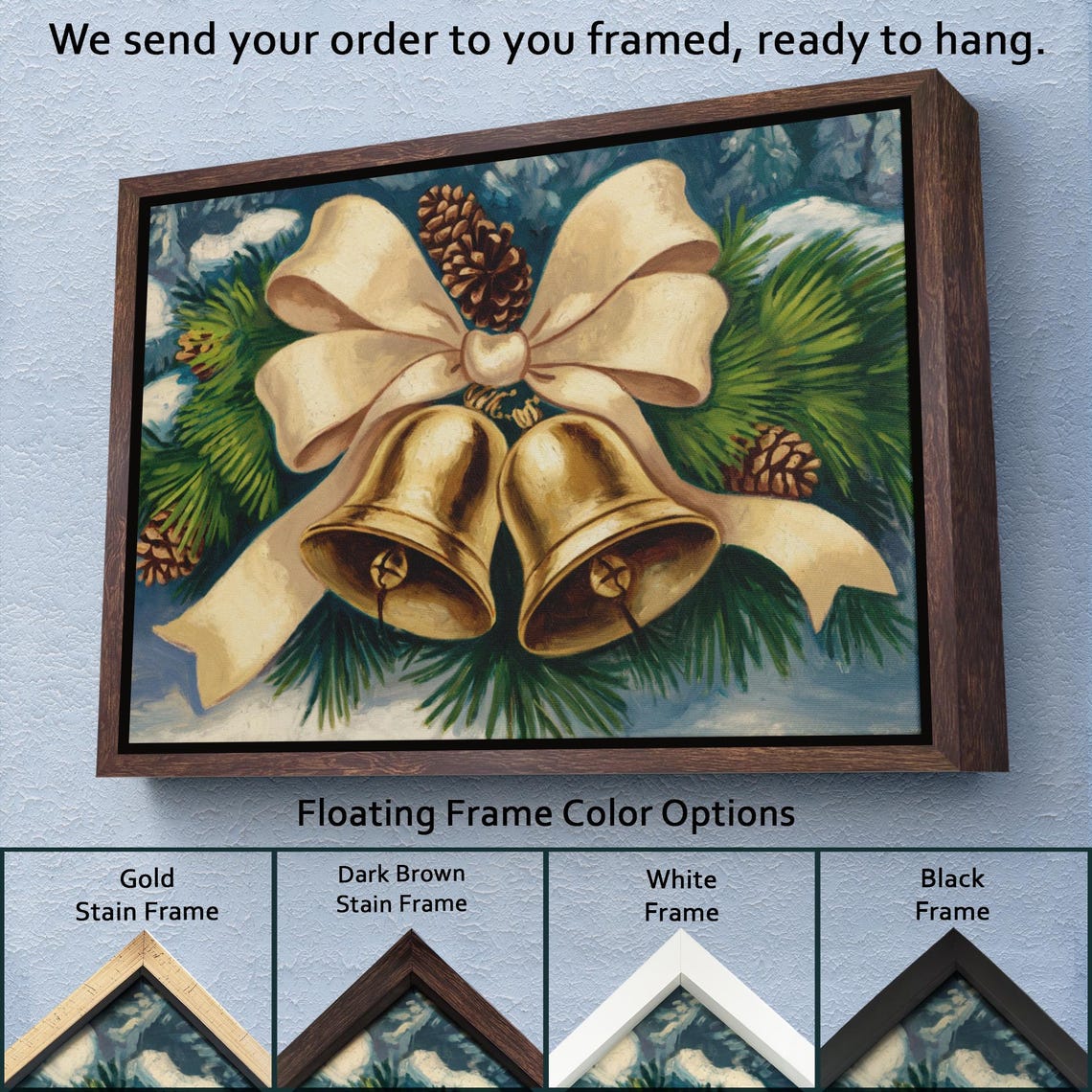 Golden Christmas Bells Cream Bow Pinecones Vintage Holiday Wall Art - Image 3