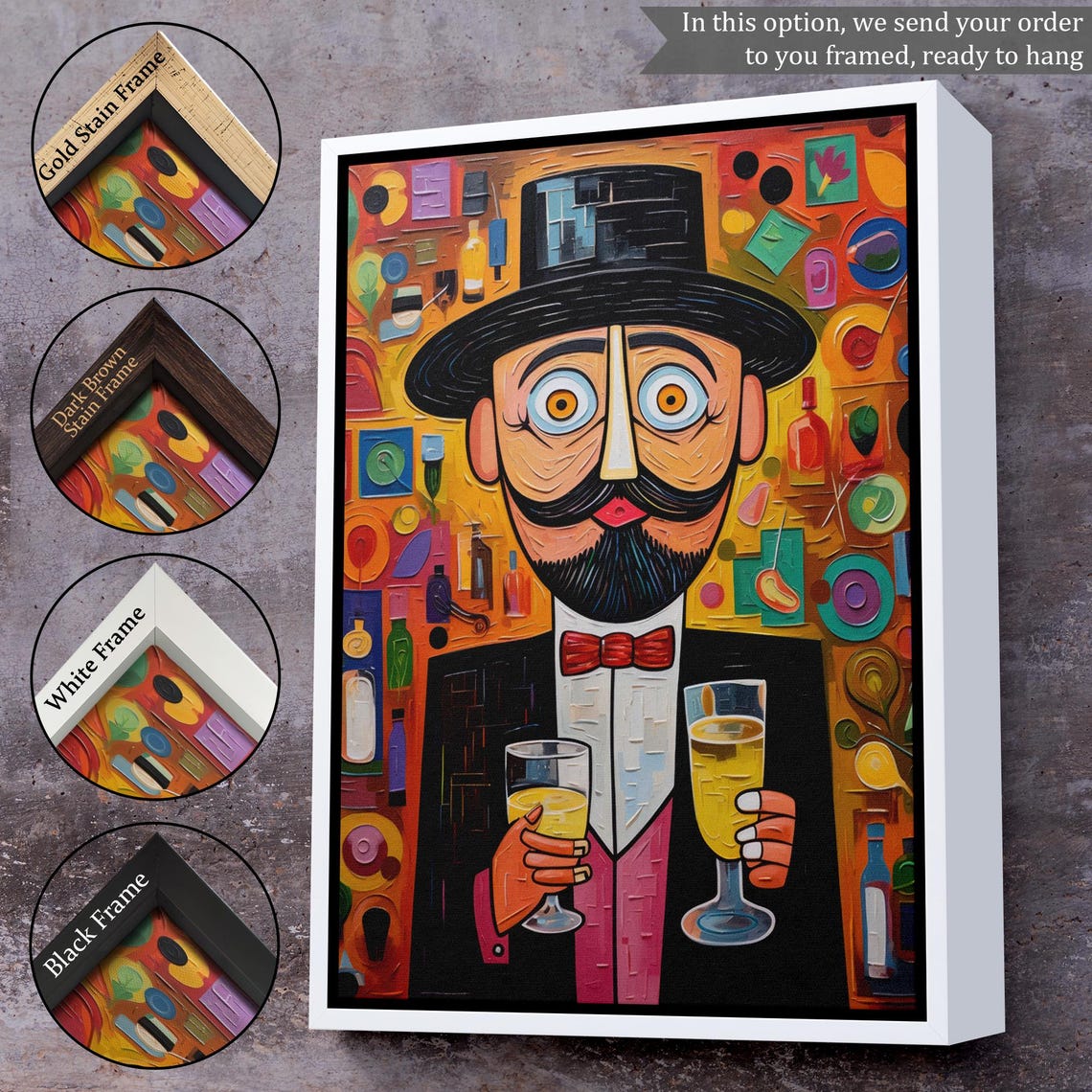 Cubist Mustached Gentleman Top Hat Champagne Whimsical Bar Wall Art - Image 3