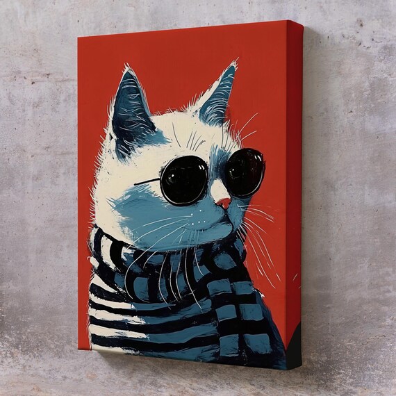 Cool Cat Wearing Sunglasses Striped Scarf Red Pop Art Poster