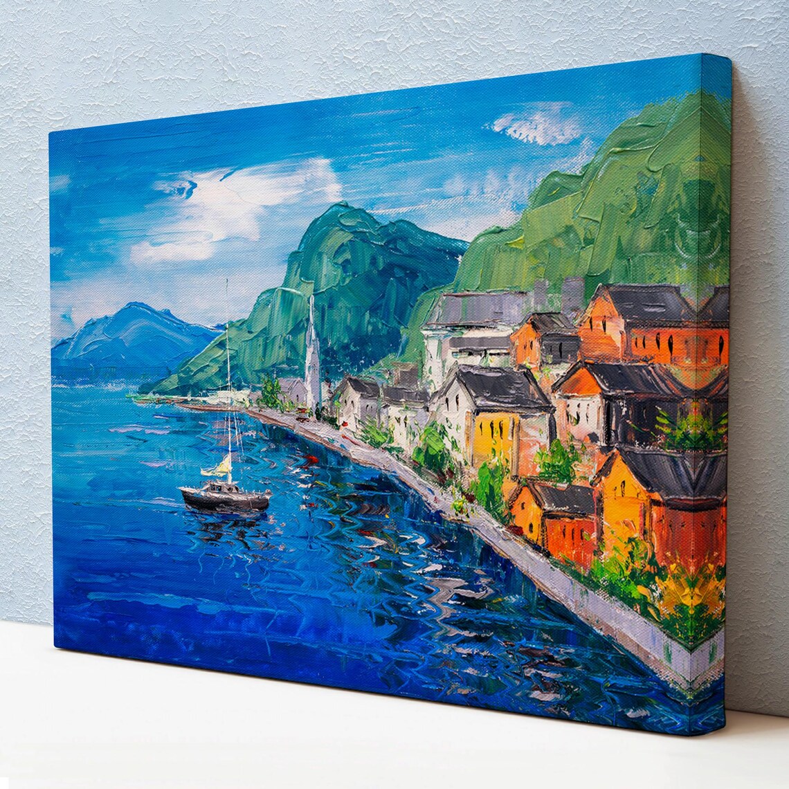 Hallstatt Austria Lakeside Village Sailboat Oil Painting Art Poster