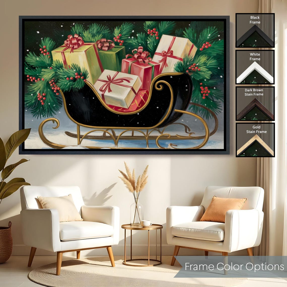 Black Gold Christmas Sleigh Colorful Gifts Pine Berries Festive Poster - Image 2