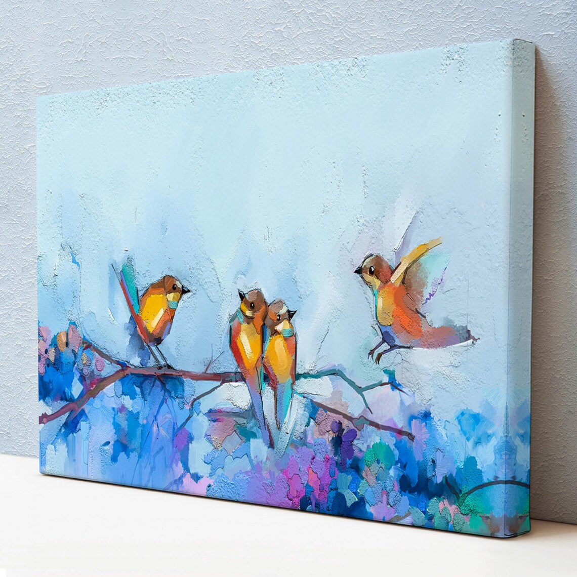Colorful Birds On Branch Spring Blossom Watercolor Art Poster