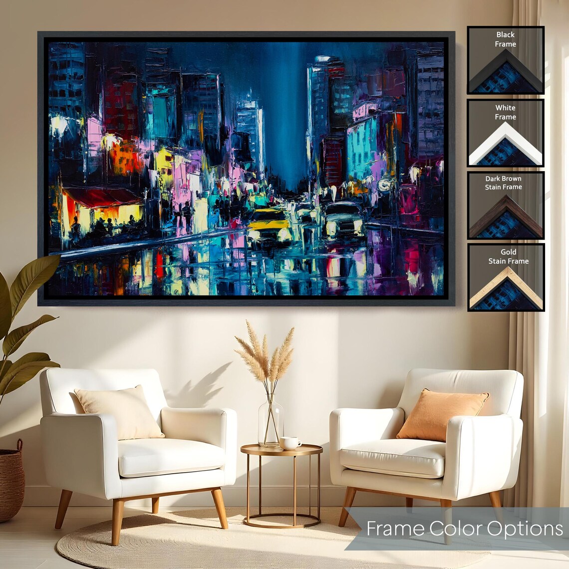 New York City Neon Night Street Yellow Taxi Rain Reflections Poster - Image 2