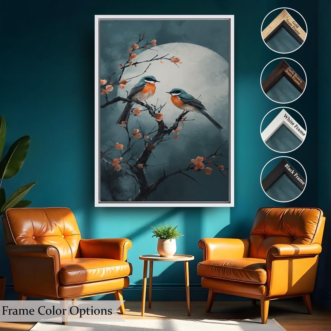 Two Songbirds Blossom Branches Full Moon Teal Night Painting Poster - Image 2