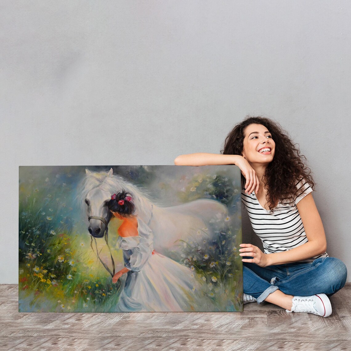 White Horse Girl In Flower Meadow Dreamy Romantic Oil Painting Print - Image 4