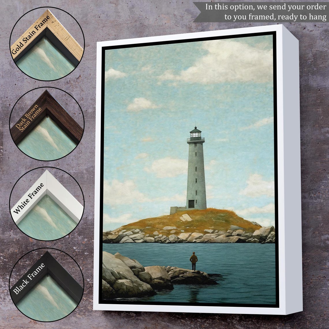 Lighthouse Rocky Island Lone Figure Teal Sea Serene Coastal Poster - Image 3