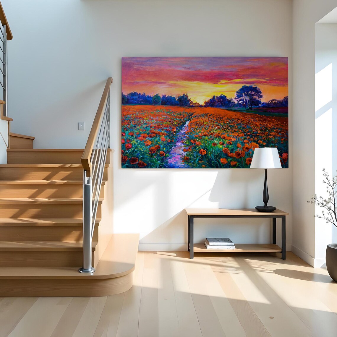 Red Poppy Field Sunset Blazing Pink Orange Sky Meadow Travel Poster - Image 2