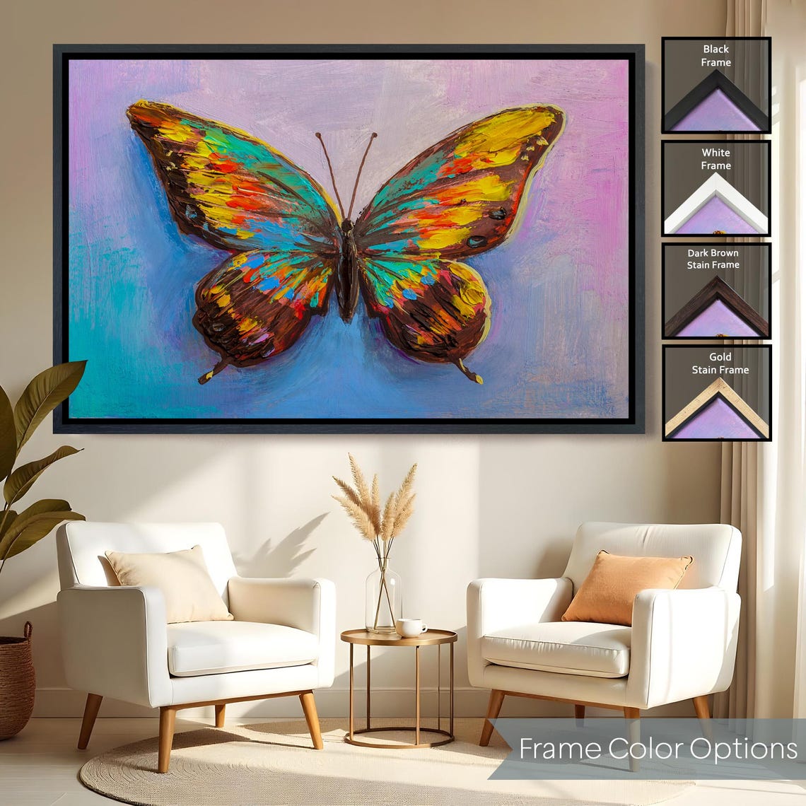 Colorful Butterfly Impasto Painting Teal Yellow Pink Modern Wall Art - Image 2