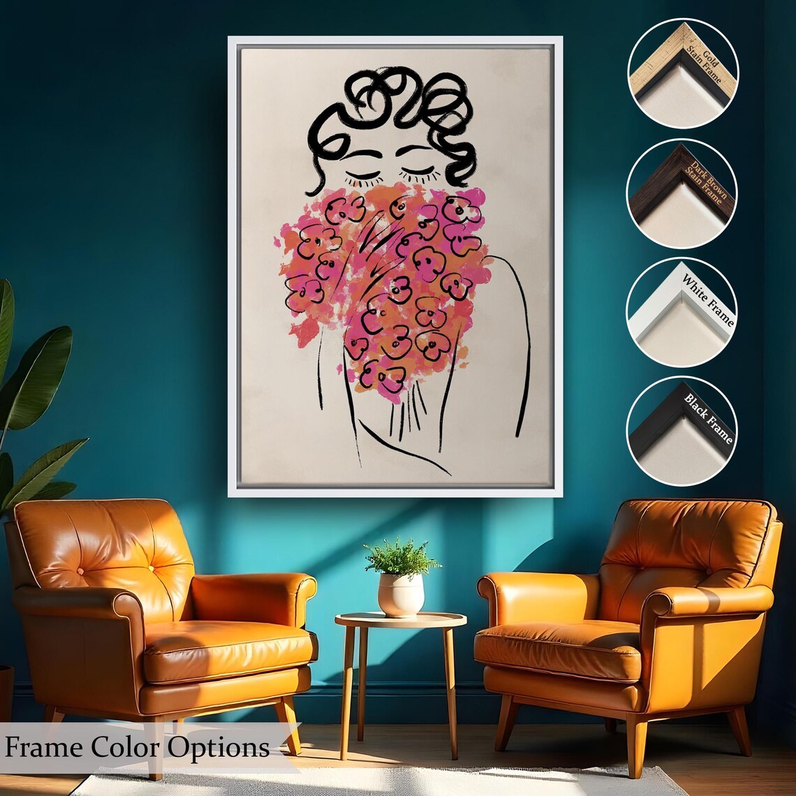 Minimalist Line Art Woman With Pink Flower Bouquet Boho Chic Wall Poster - Image 2