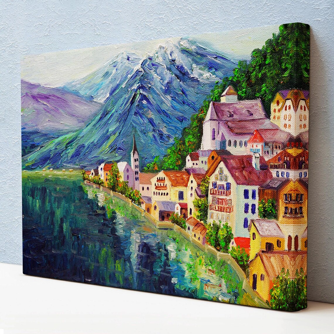 Hallstatt Austria Alpine Village Church Lakeside Oil Painting Poster