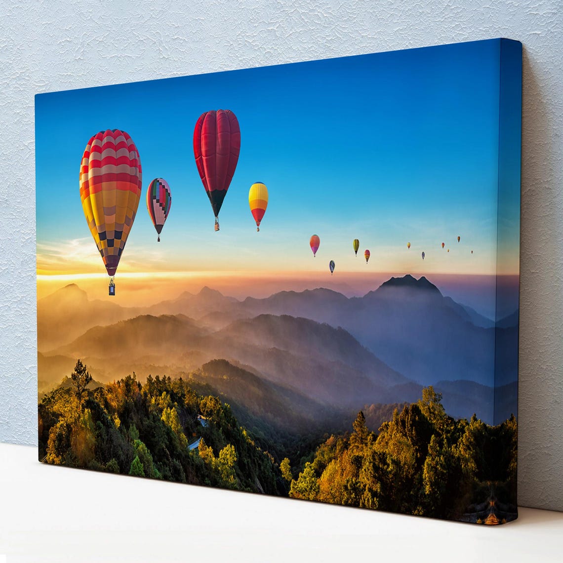 Hot Air Balloons Sunrise Misty Mountains Forest Nature Travel Poster