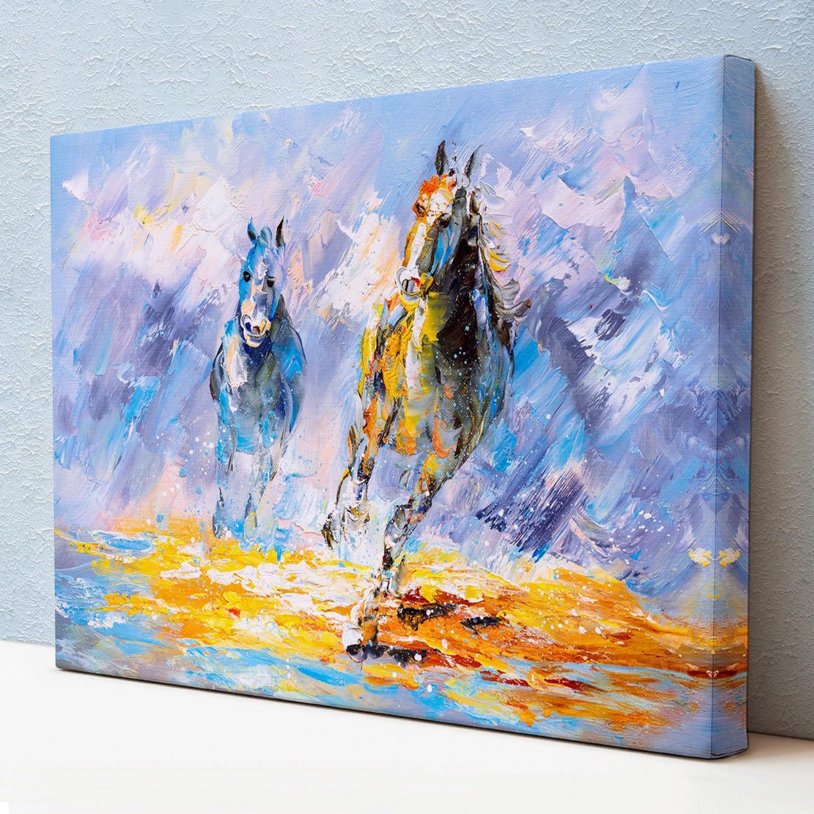Two Galloping Horses Blue Gold Abstract Motion Oil Painting Poster