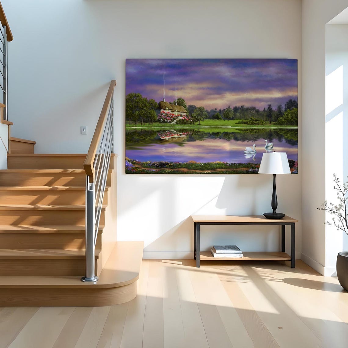 Lakeside Cottage Sunset Swans Mirror Water Romantic Painting Poster - Image 2