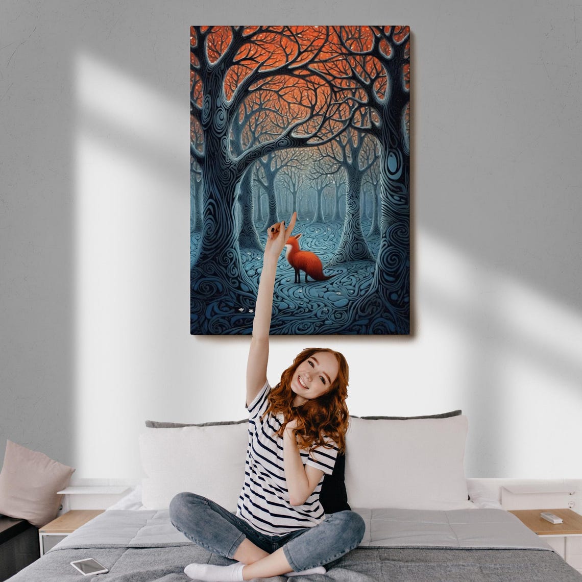 Red Fox Enchanted Swirling Blue Forest Sunset Whimsical Nature Poster - Image 3