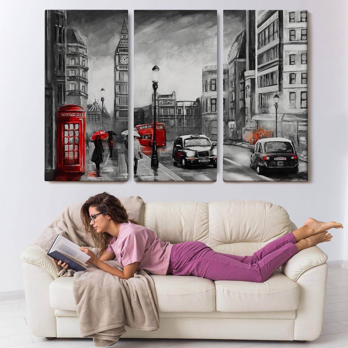 London Big Ben Red Bus Phone Booth Black White Street Scene Poster - Image 3