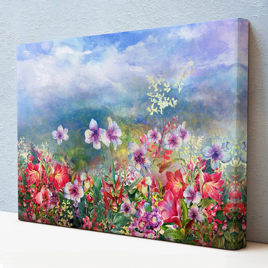Colorful Watercolor Flowers Lilies Cloudy Sky Floral Art Poster