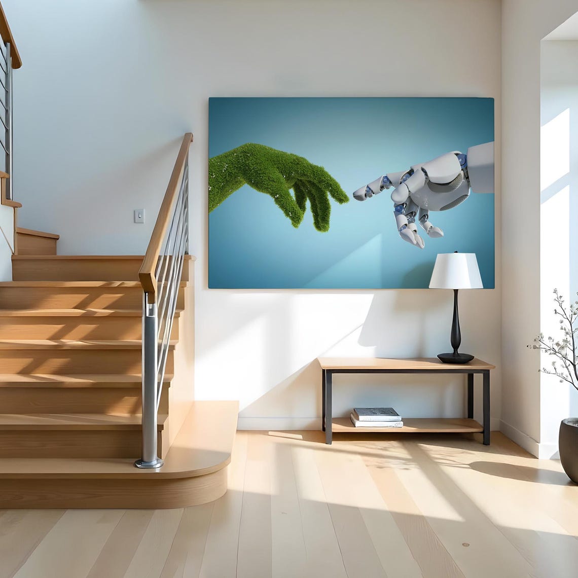 Green Nature Hand and Robot Hand Reaching Touch Abstract Poster - Image 2