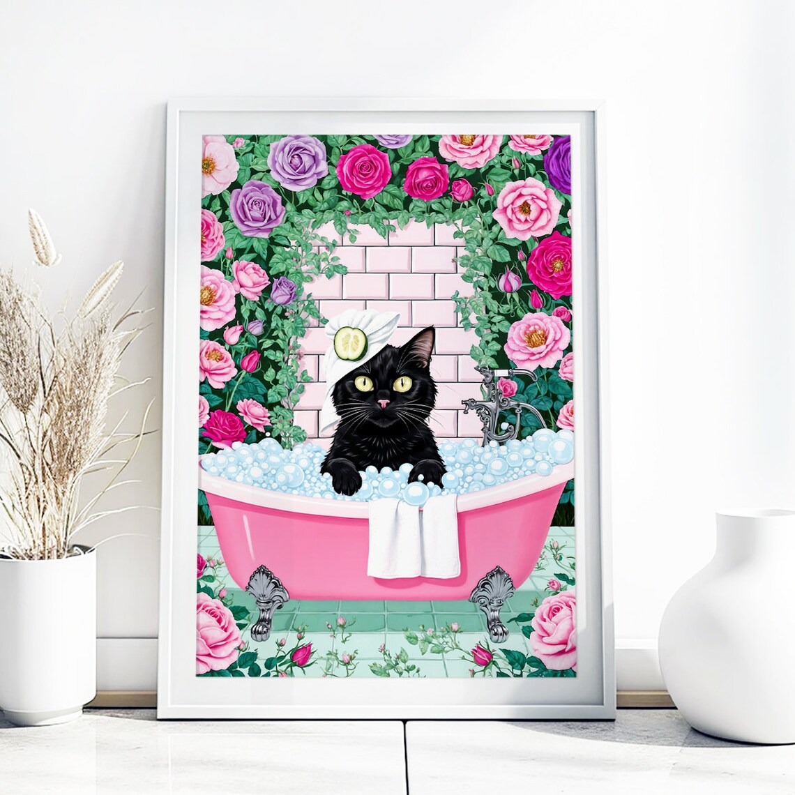 Black Cat Bubble Bath Cucumber Spa Funny Pink Bathroom Poster - Image 2
