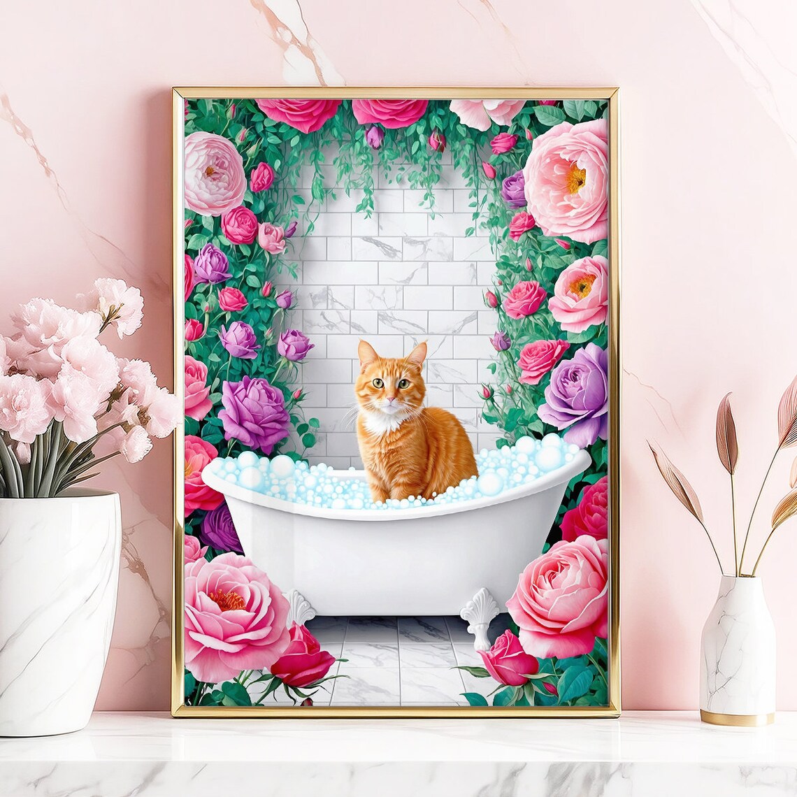 Ginger Cat Bubble Bath Roses Cute Funny Bathroom Decor Poster - Image 2