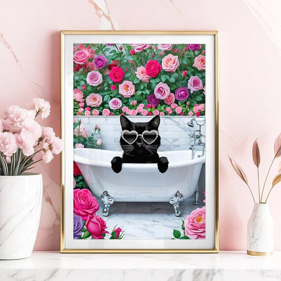 Black Cat Heart Sunglasses Rose Wall Bathtub Glam Bathroom Poster