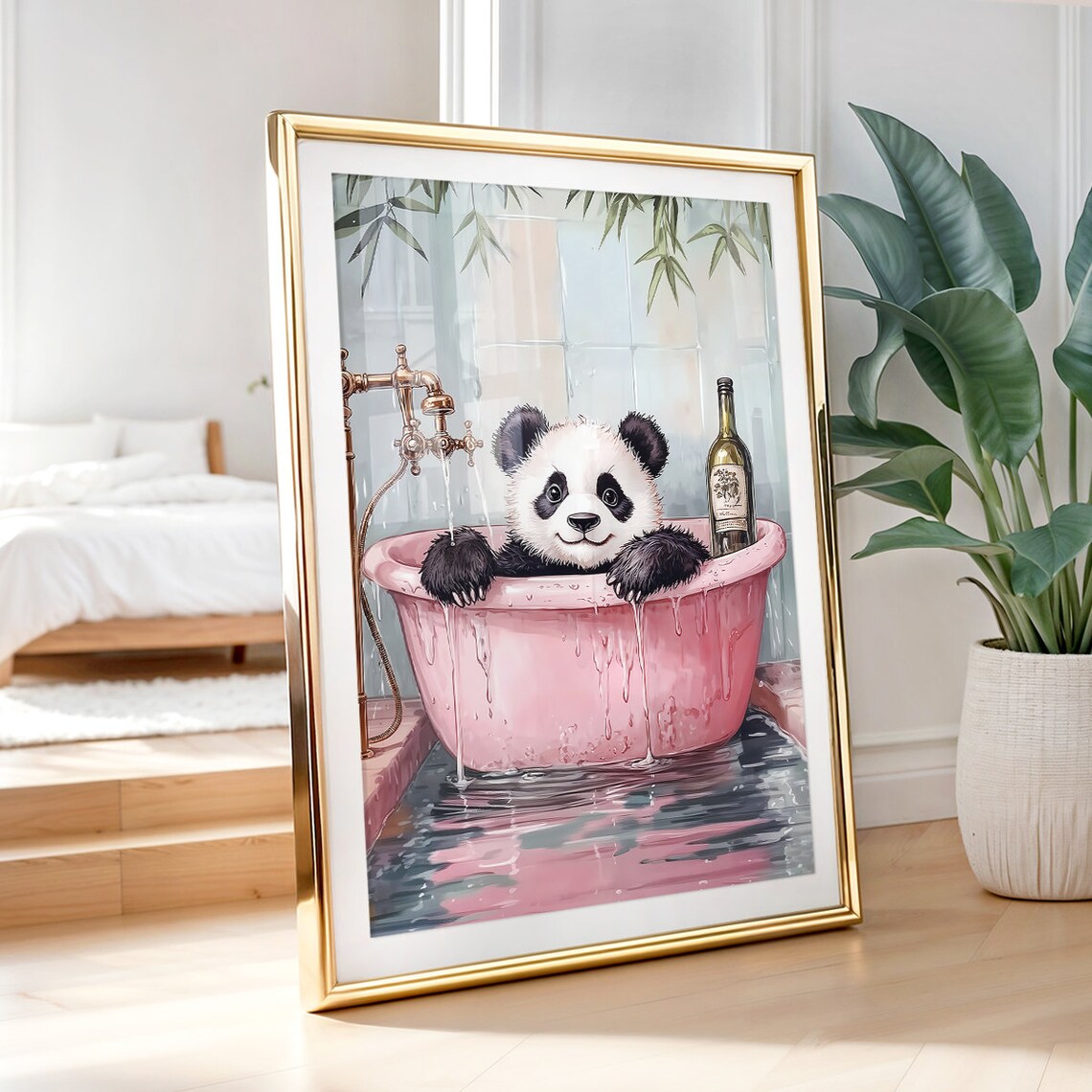 Baby Panda Pink Bathtub Wine Bottle Cute Nursery Wall Poster - Image 5