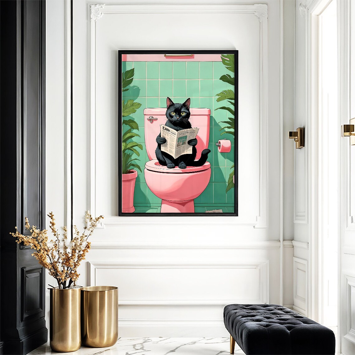 Black Cat On Pink Toilet Reading Newspaper Retro Bathroom Poster - Image 5