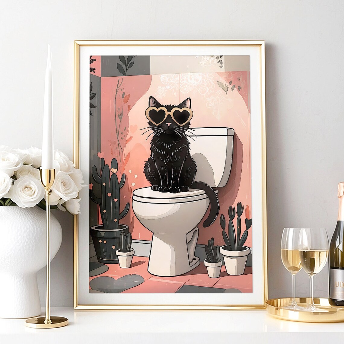 Black Cat With Heart Sunglasses On Toilet In Pink Bathroom Poster - Image 2