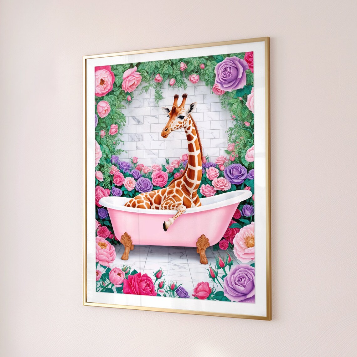 Giraffe Pink Bathtub Roses Funny Maximalist Bathroom Floral Poster - Image 3