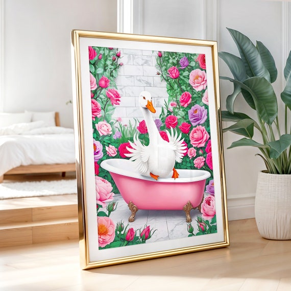 Goose In Bathtub Wall Art Funny Bathroom Art Silly Goose Print Boho Wall Art Pink Bathroom Print Silly Goose Poster Pink Preppy Print