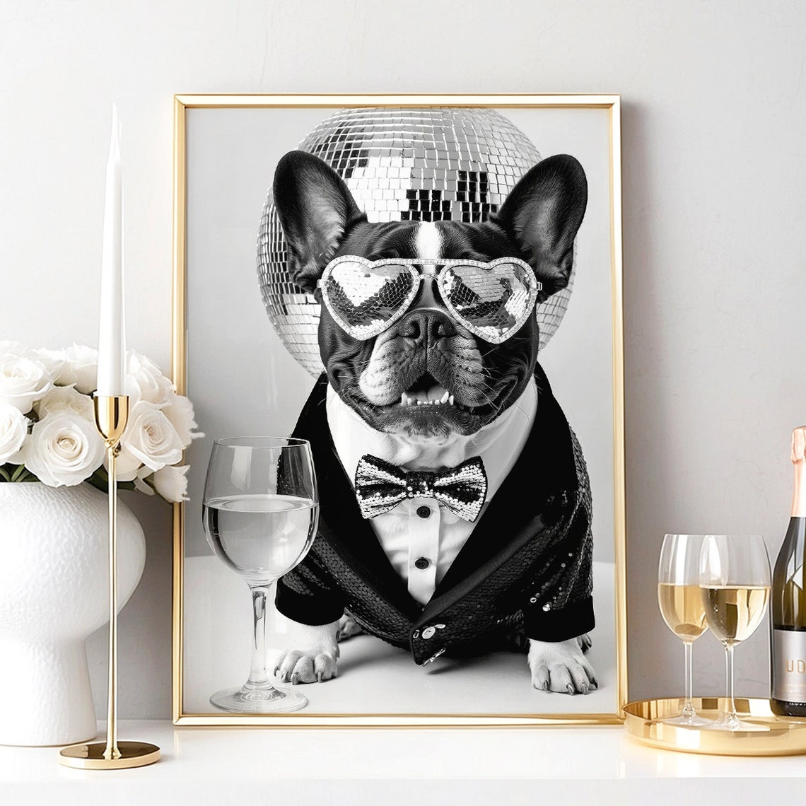 French Bulldog Wall Art Dog Drinking Wine Print Bulldog Poster Funny Dog Gift French Bulldog Gift Bar Cart Dog In A Tuxedo - Image 2