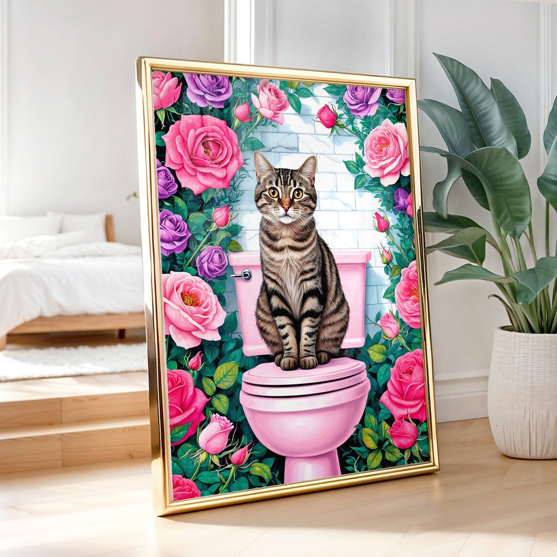 Tabby Cat On Pink Toilet Surrounded By Pink And Purple Roses Poster - Image 3