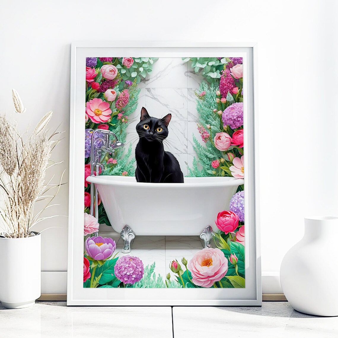 Black Cat White Bathtub Floral Arch Cute Bathroom Decor Poster - Image 4